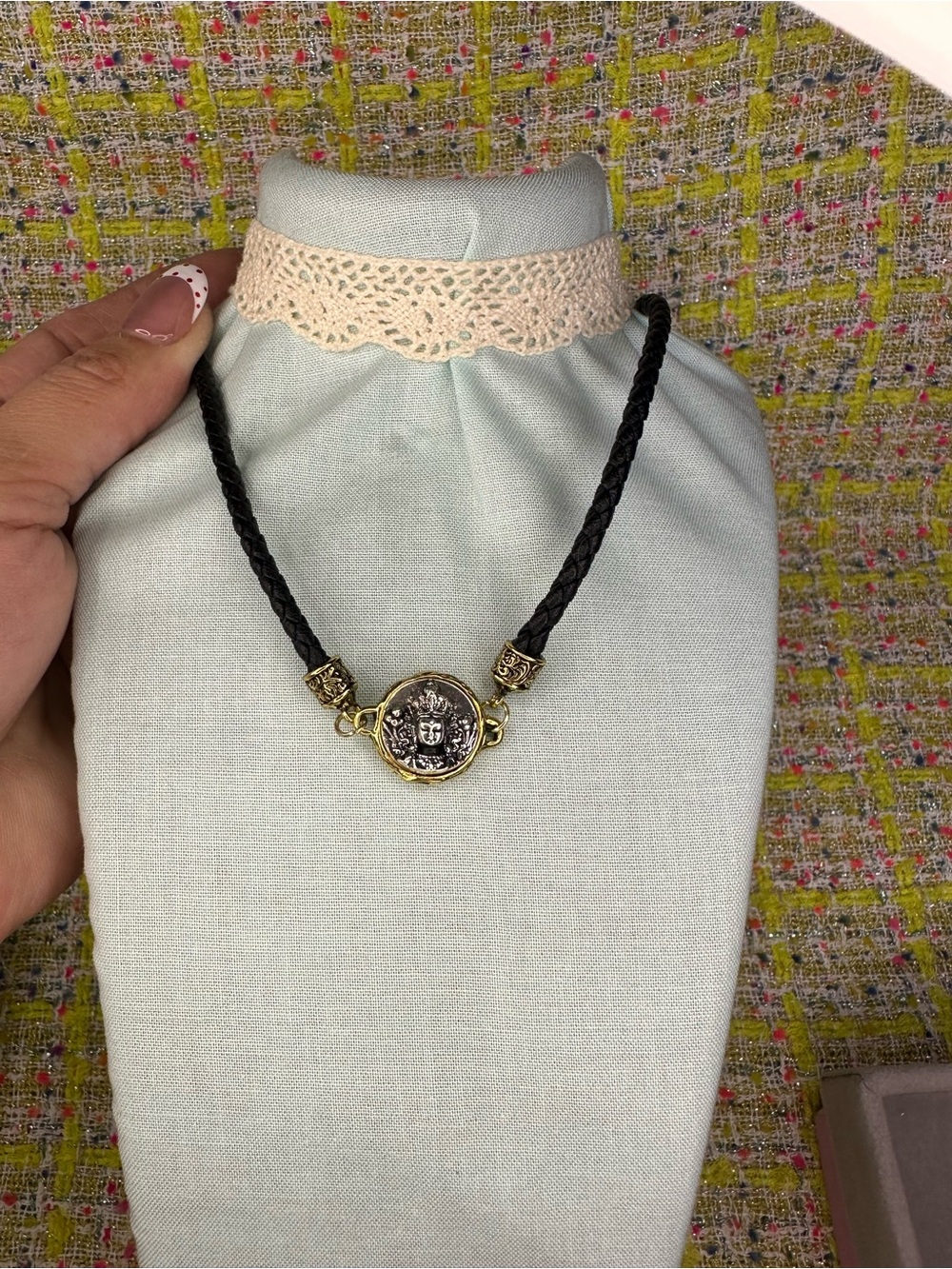 Gold and Black Braided Medallion Necklace - Women Jewelry
